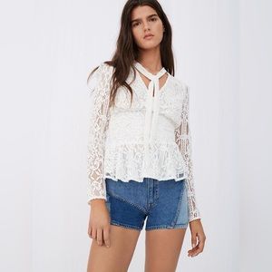 NWOT MAJE white lace Lituane Ecru long sleeve tie-neck top sz 2 new without tags
